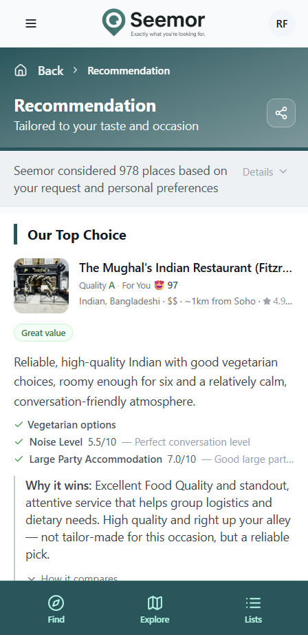 Seemor's top choice: The Mughal's Indian Restaurant — Quality A, For You 97, with personalized reasoning